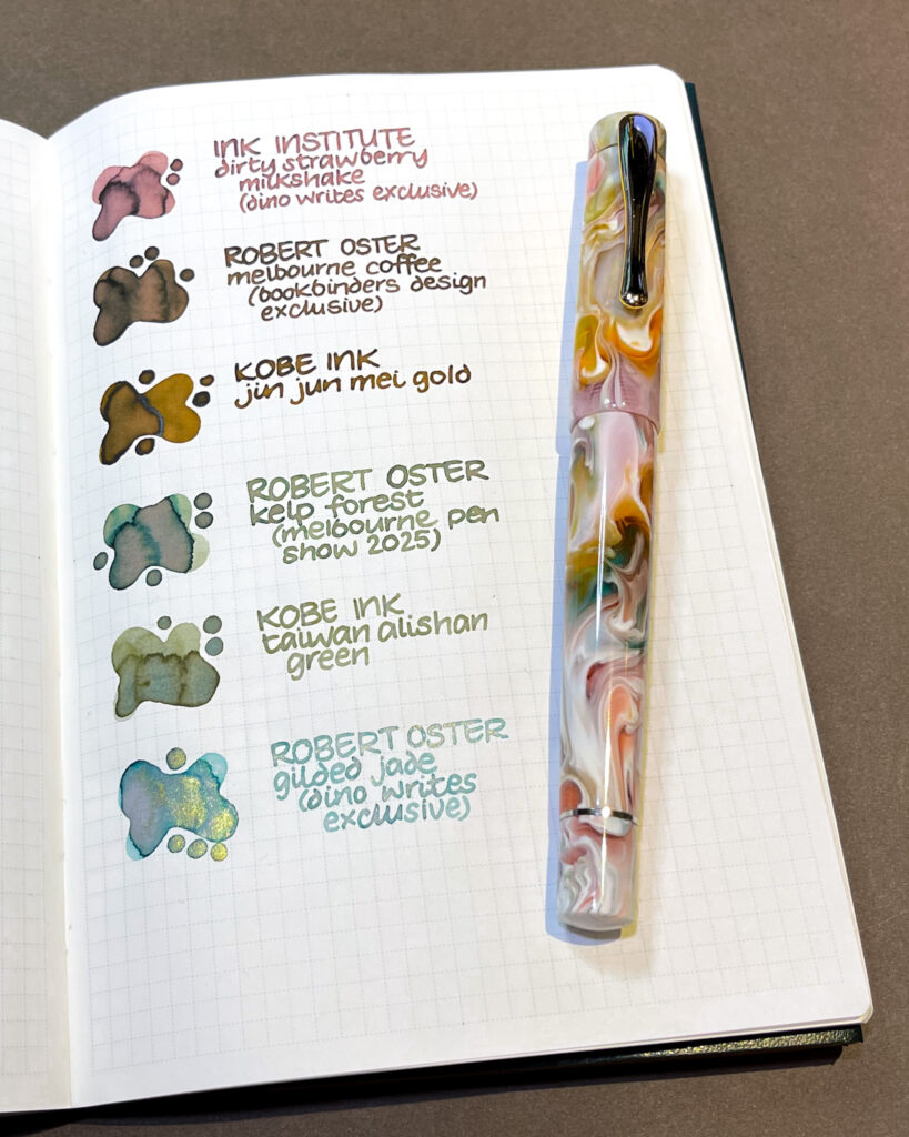 Six swatches of inks from my MPSS haul (including some from friends) and a Just Turnings pen using Brooks Blanks Pastel Primary Manipulation resin.