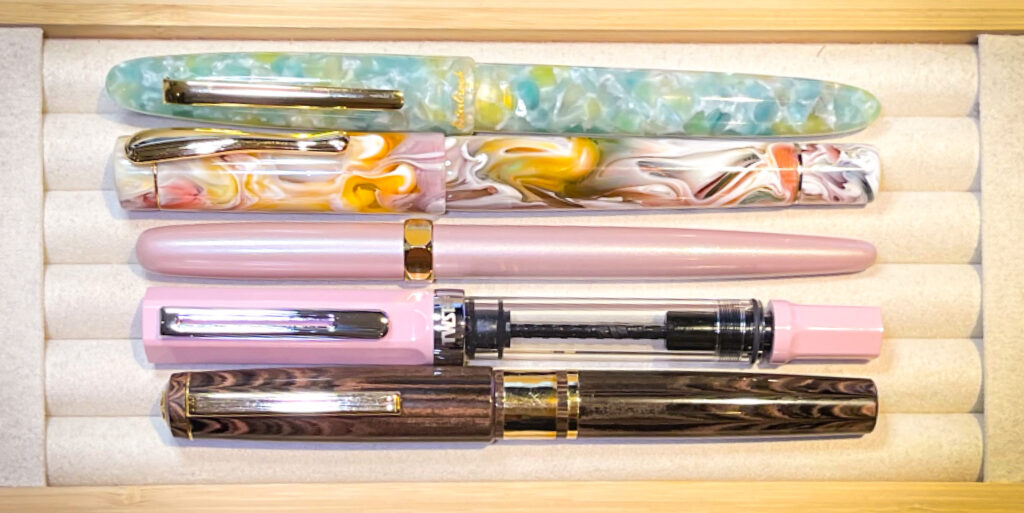 Ferris Wheel Press Bijou pen in Huffin Puff Pink colourway - length comparisons with other pens, capped