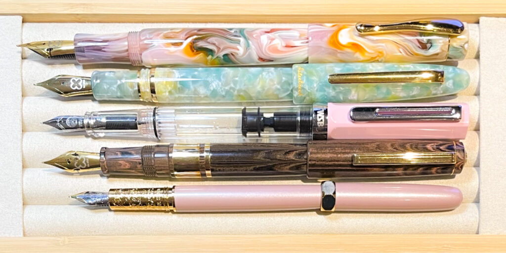 Ferris Wheel Press Bijou pen in Huffin Puff Pink colourway - length comparisons with other pens, posted